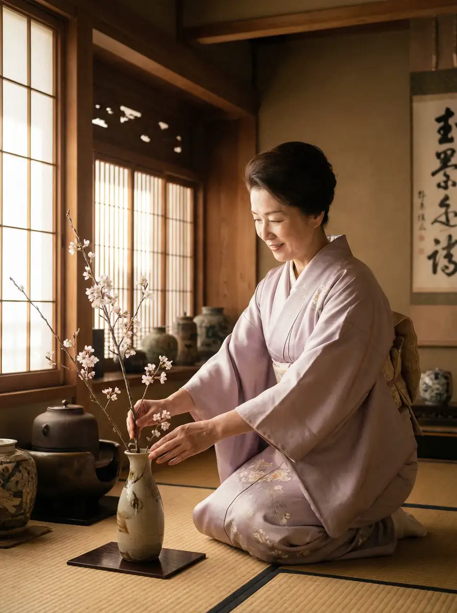 一位优雅的 男同视频 在和室中插花